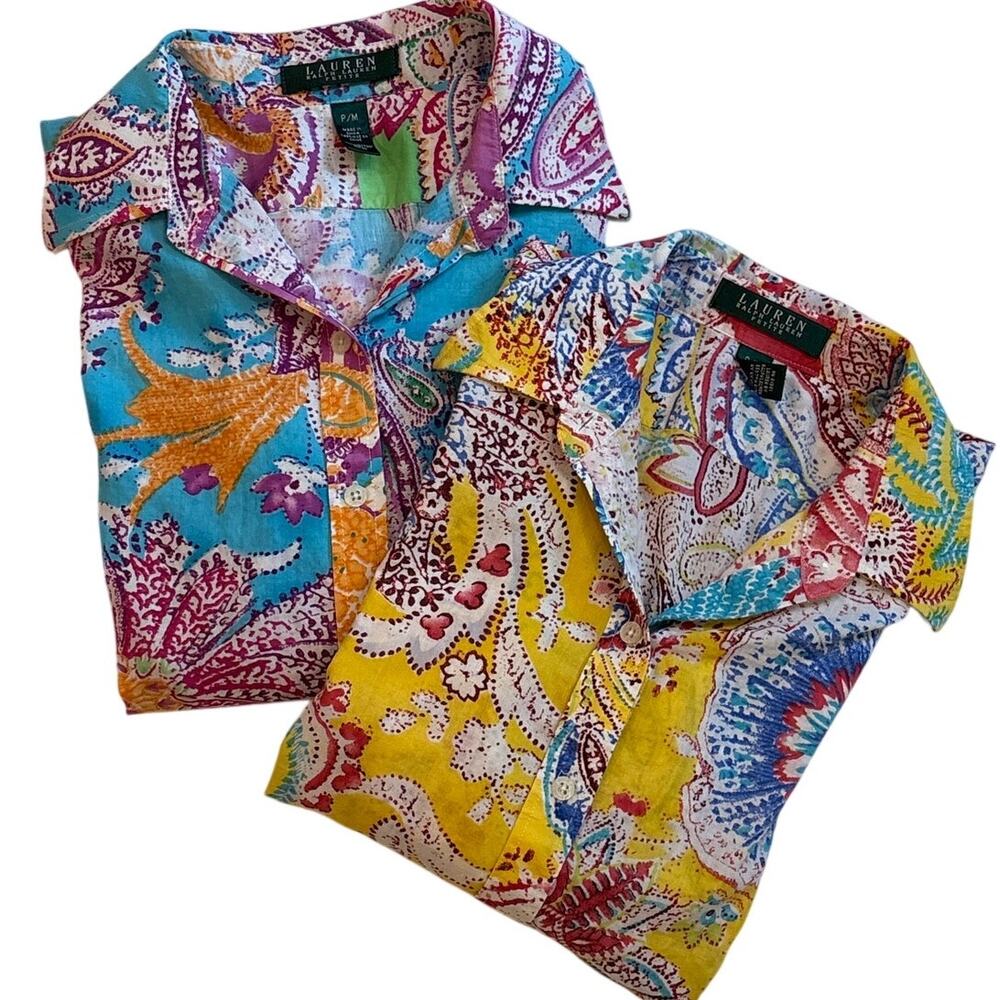 Lauren Ralph Lauren Top Lot of 2 Womens Petite Medium  PM Button Up 3/4 Sleeve